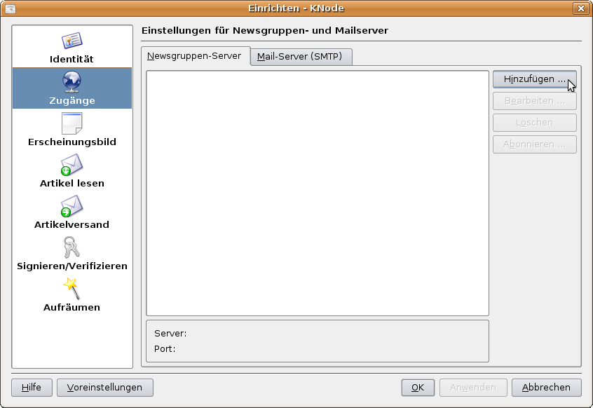 Einrichten: Zug&auml;nge - Hinzuf&uuml;gen