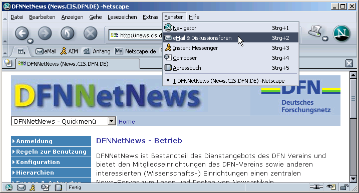 Men&uuml;: Fenster / eMail & Diskussionsforen