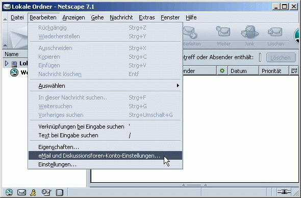 Men&uuml;: Bearbeiten / eMail und Diskussionsforen-Konto-Einstellungen